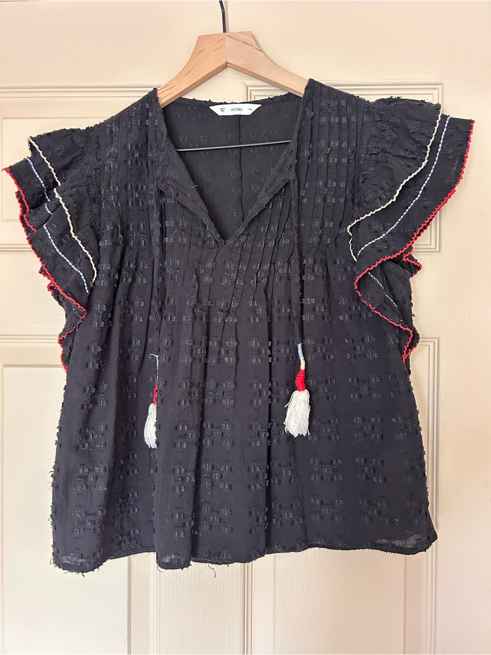 Anthropologie Black Textured Tassel Flutter Sleeve Blouse with Red Trim
